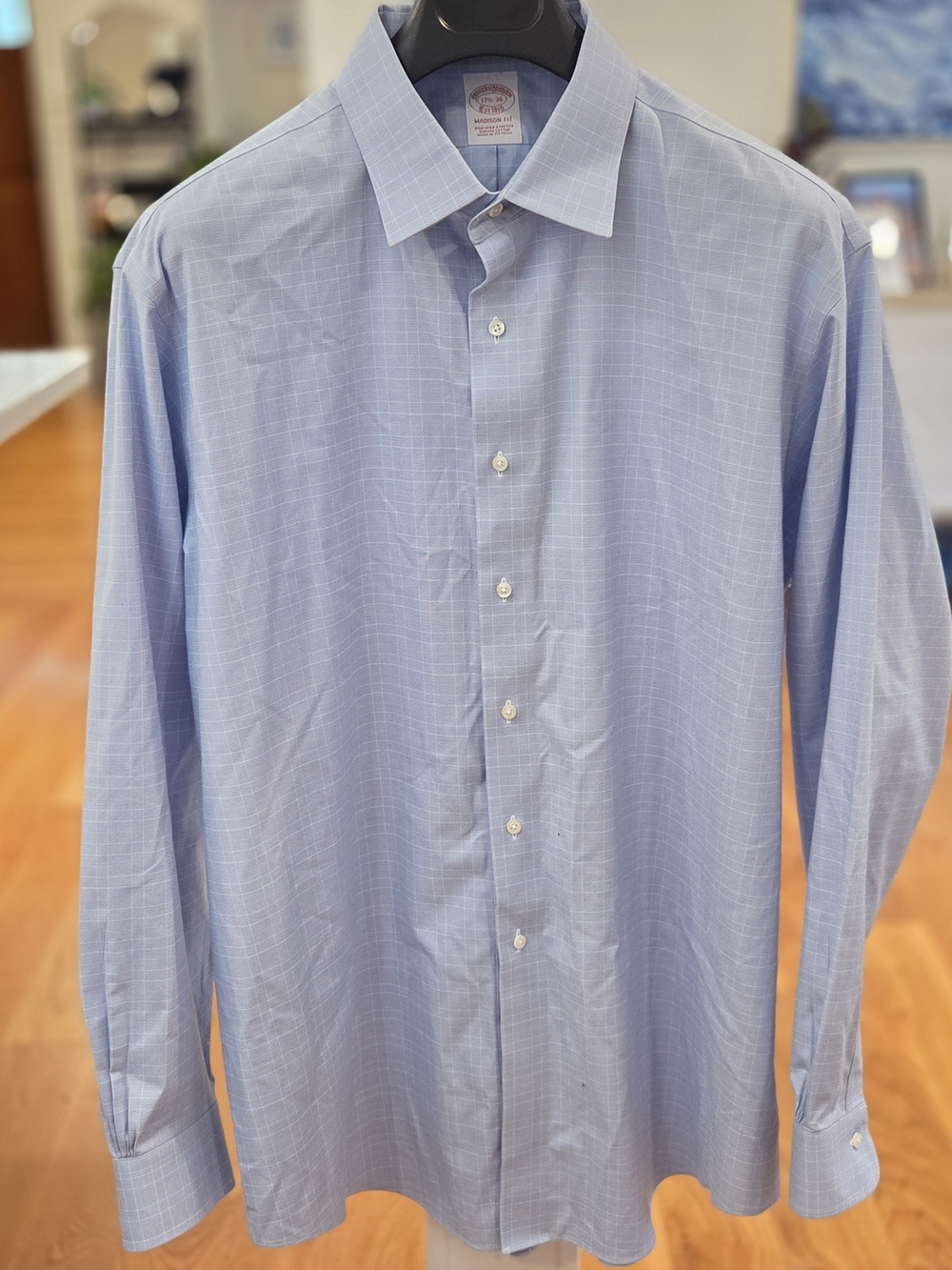 Brooks Brothers Mens Medison Fit Light Blue/Pink Windowpane Dress Shirt 17.5/36